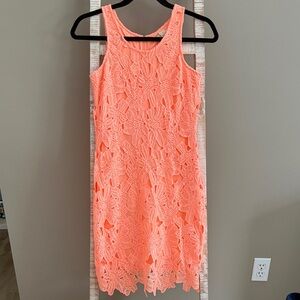 Japna Vibrant Coral Lace Midi Dress